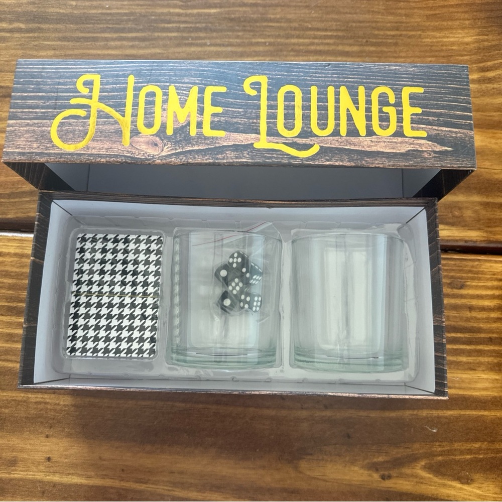 Home Lounge Boxed Game 6 Black Dice, 2 Rock Glasses, Standard Deck of Cards